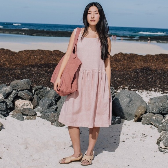 Not Perfect Linen Terracotta Smock Midi Dress in M/L - Picture 7 of 8